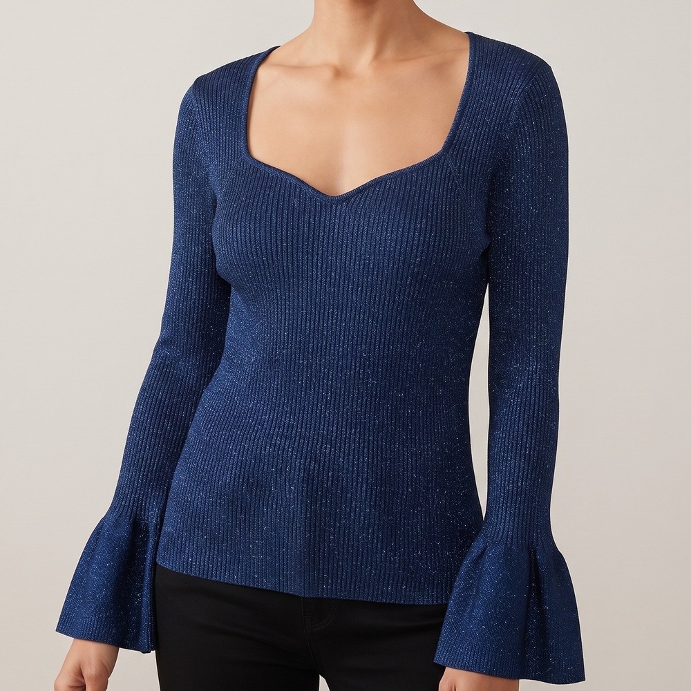 LOFT Metallic Ribbed Bell Sleeve Top Womens XL Blue NWT Sweetheart Neck